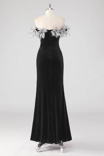 Robe formelle plissée sans bretelles sirène noire avec fleurs 3D